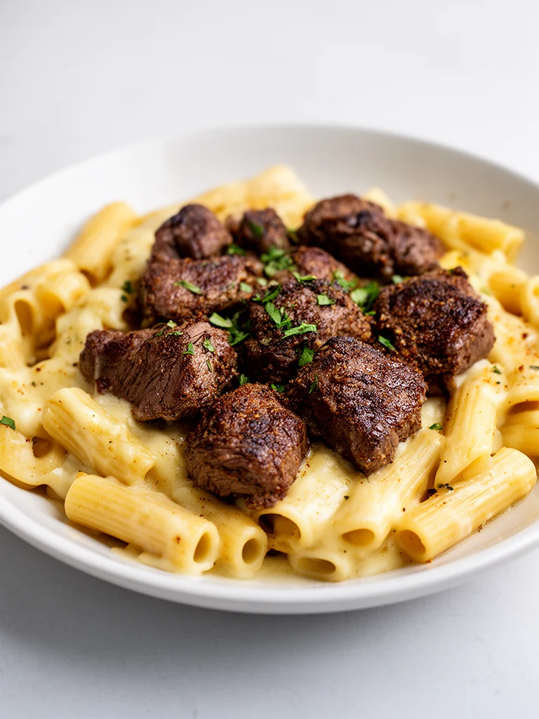 Cajun Steak Tips with Cheesy Rigatoni