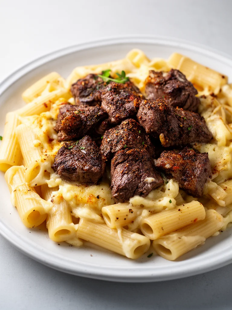Cajun Steak Tips with Cheesy Rigatoni
