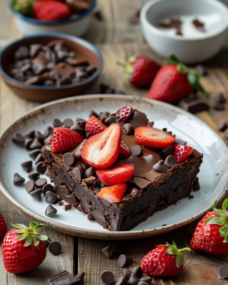 Delicious chocolate covered strawberry brownies on a plate