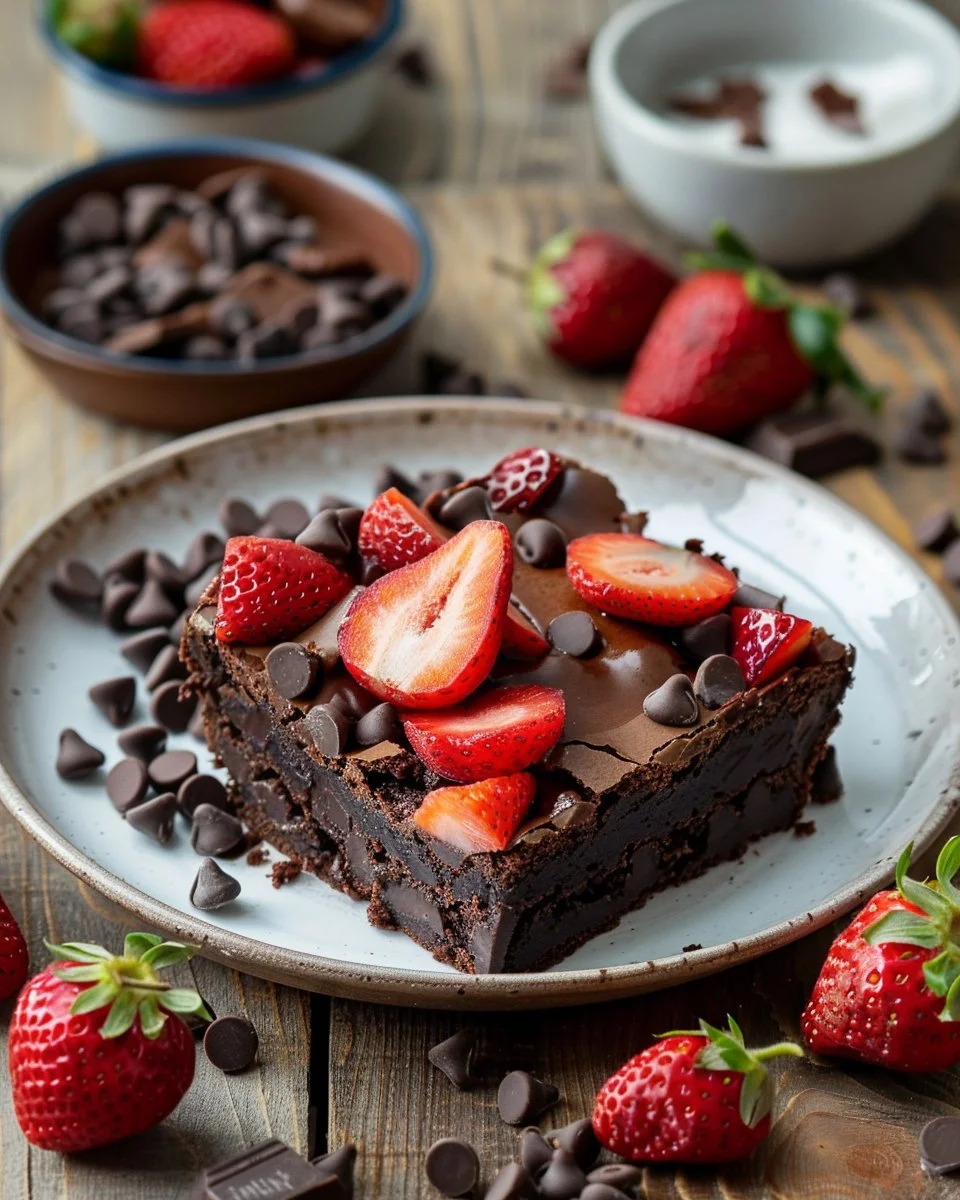 Delicious chocolate covered strawberry brownies on a plate