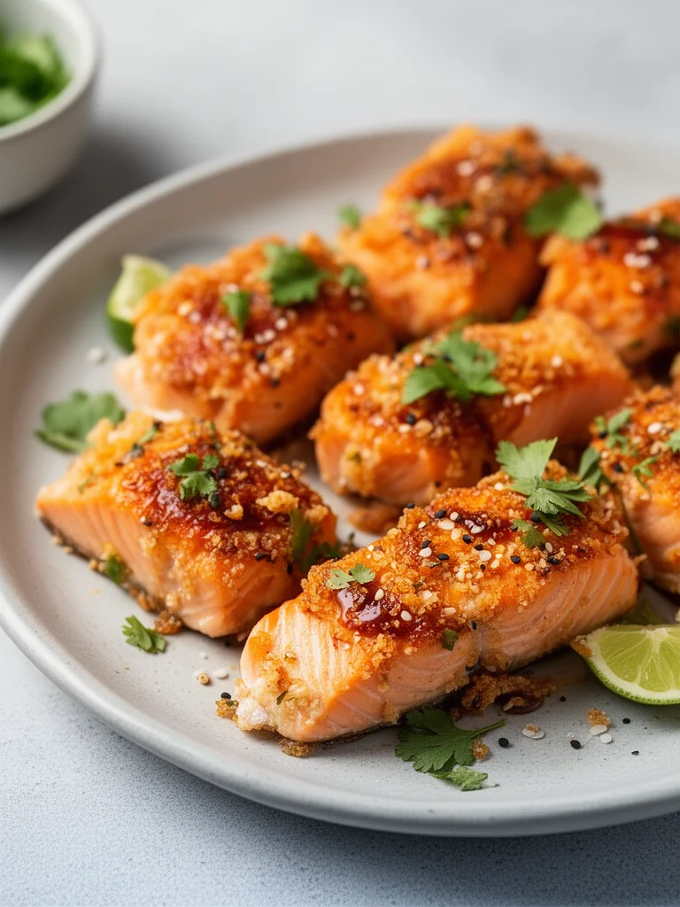 Crispy Bang Bang Salmon Bites served on a plate with dipping sauce