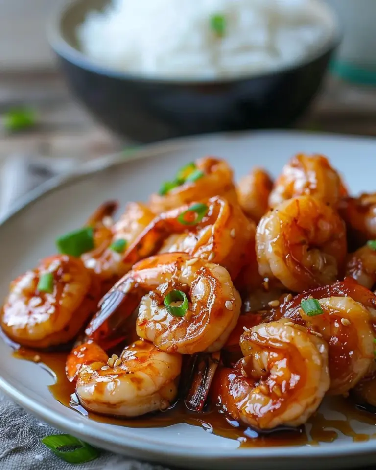Delicious high-protein honey garlic shrimp dish garnished with herbs