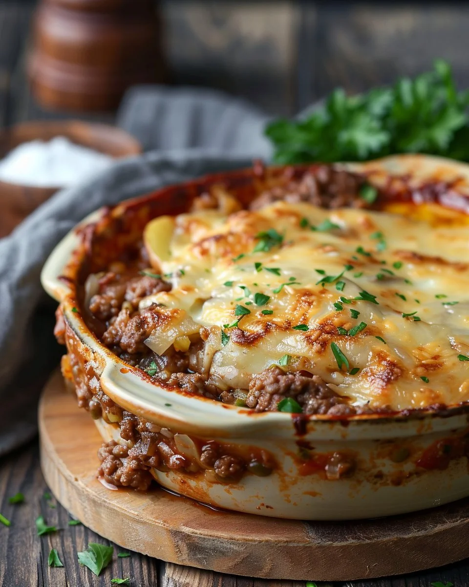 Hobo Casserole with ground beef, vegetables, and seasoning in a baking dish