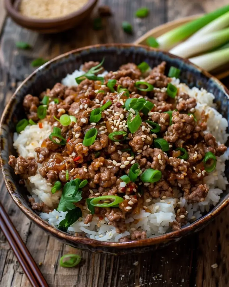 Korean Ground Beef Bowl topped with vegetables and sesame seeds