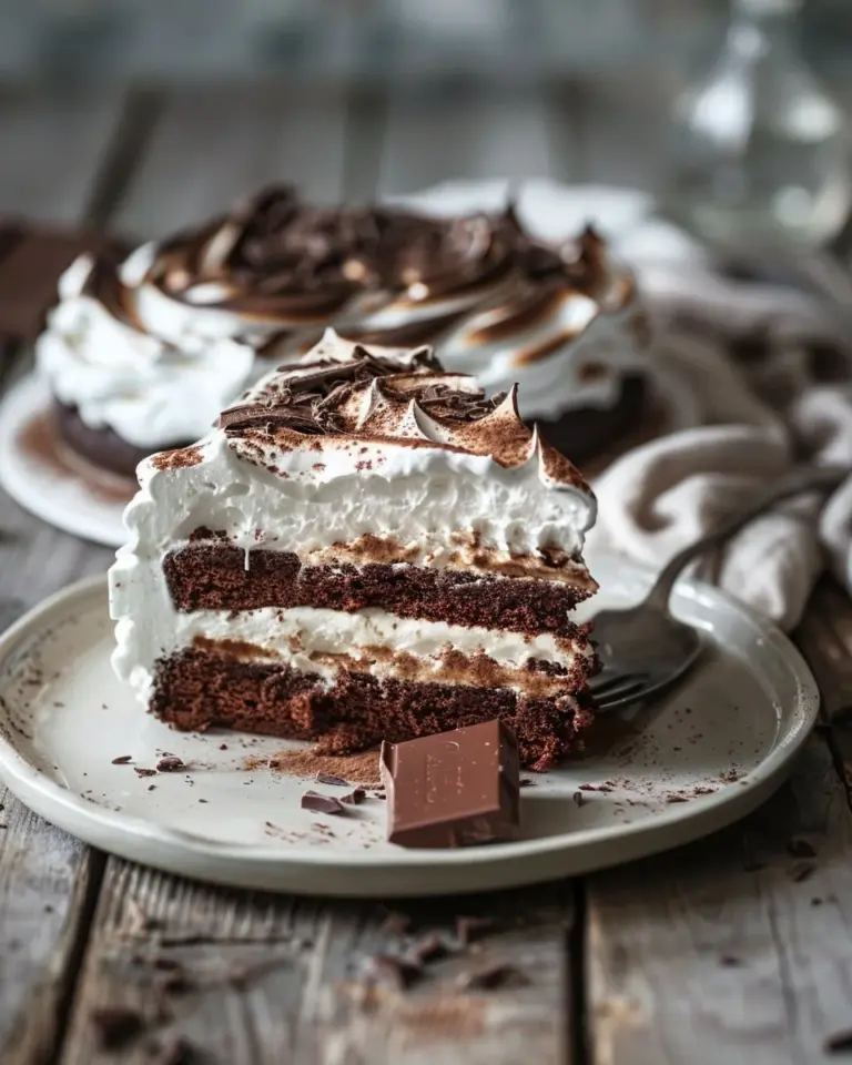 Delicious slice of Milk Chocolate Meringue Cake with chocolate drizzle