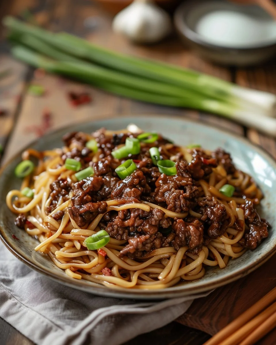 Plate of Mongolian Ground Beef Noodles garnished with green onions
