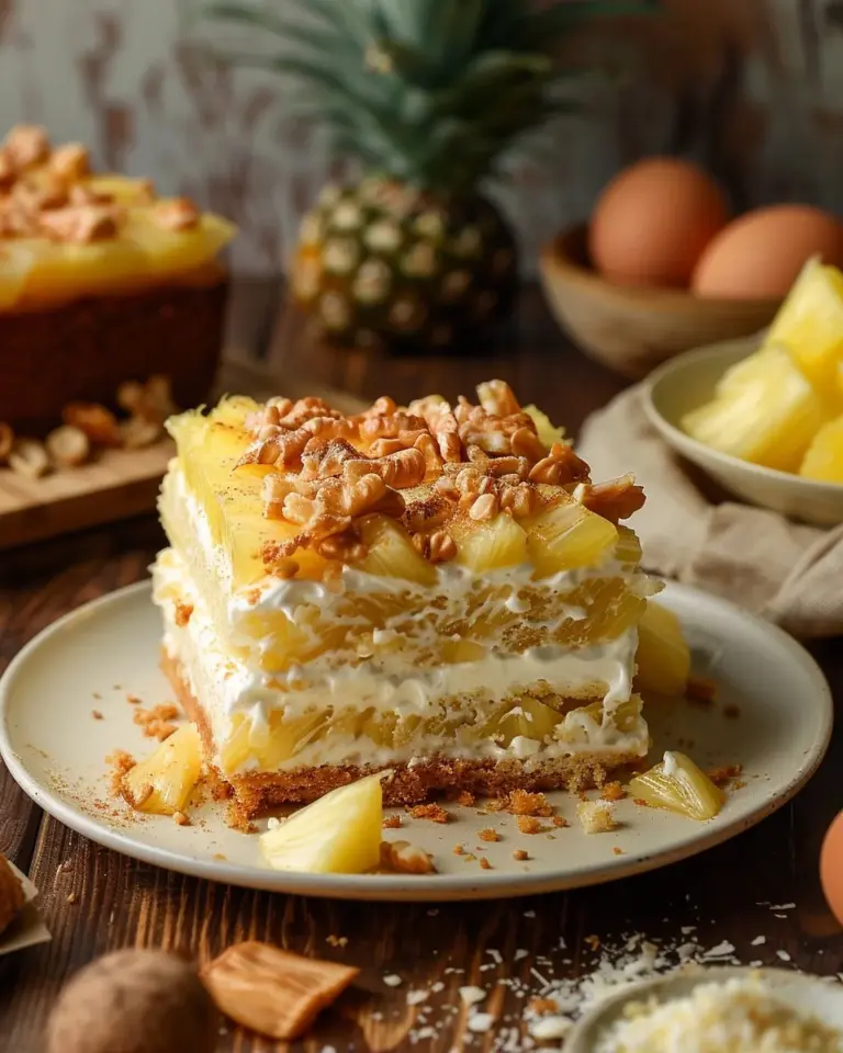 Delicious homemade pineapple cake decorated with fresh pineapple slices.