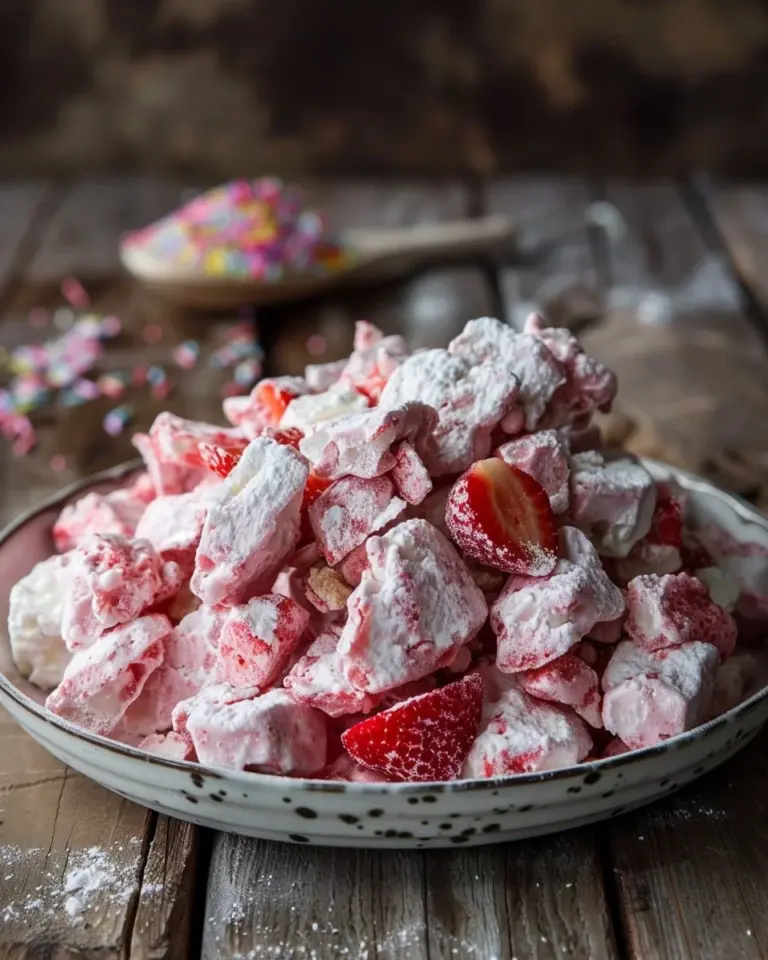 Delicious bowl of strawberry shortcake puppy chow dessert treat