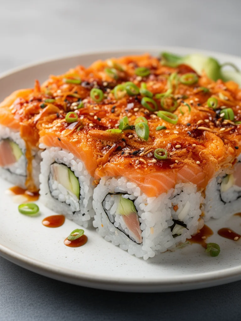 Delicious Spicy Salmon Sushi Bake served in a dish