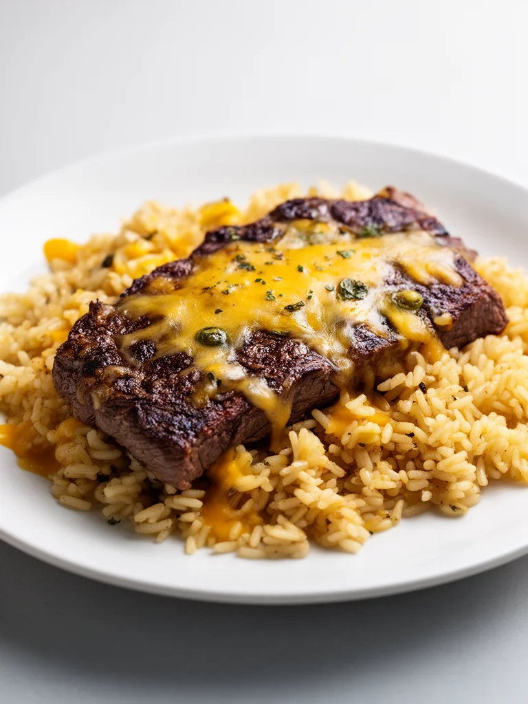 Delicious Steak Queso Rice topped with melted cheese and spices.