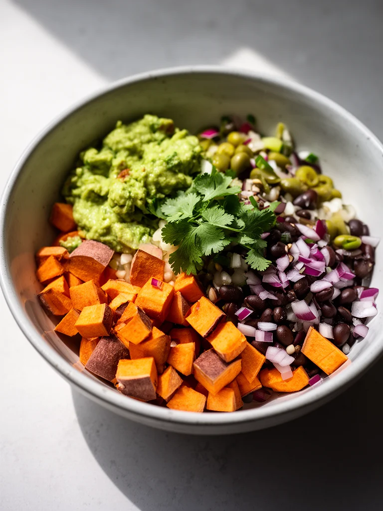 Colorful sweet potato taco bowl with fresh toppings and ingredients