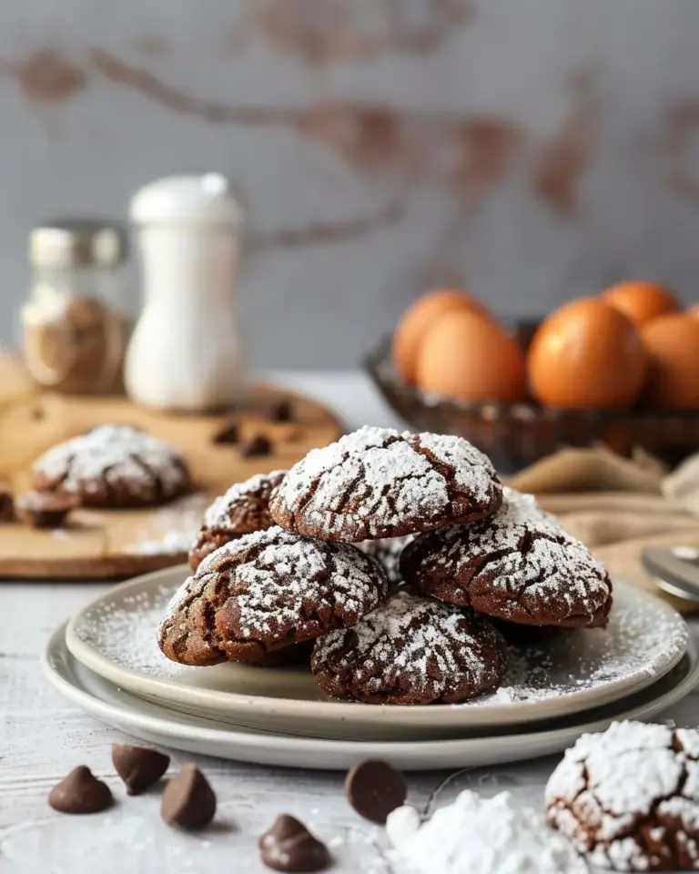Delicious Chocolate Crinkle Cookies covered in powdered sugar on a plate