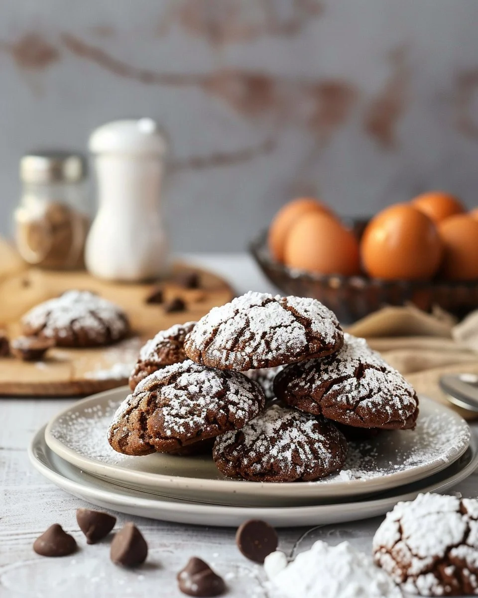 Delicious Chocolate Crinkle Cookies covered in powdered sugar on a plate