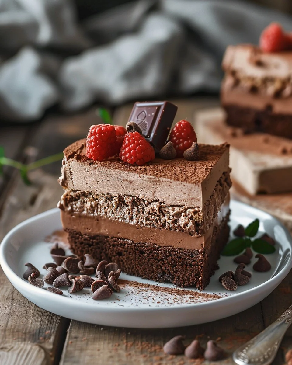 Slice of triple chocolate mousse cake with layers of creamy chocolate goodness