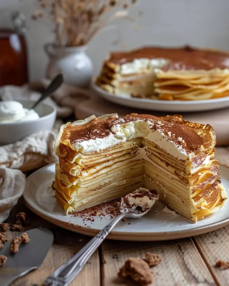 Vanilla and Speculoos Crêpe Cake layered with crêpes and creamy filling