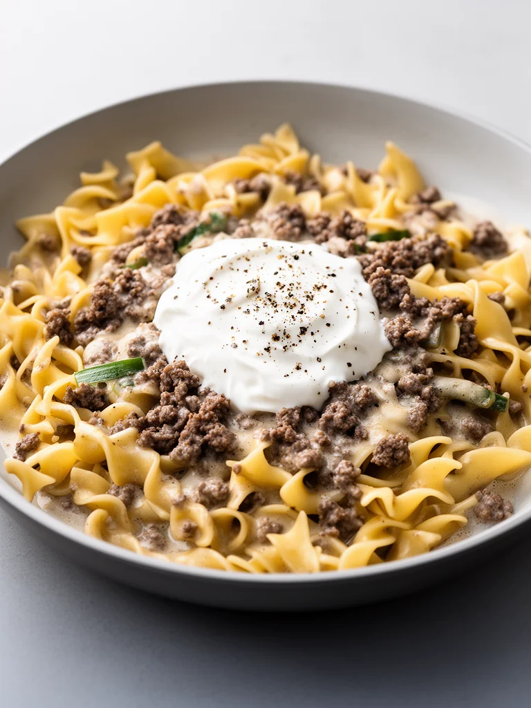 30-minute ground beef stroganoff served in a bowl with mushrooms and noodles