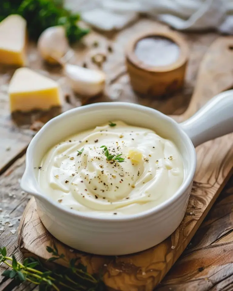Homemade Alfredo sauce in a bowl with pasta and fresh herbs
