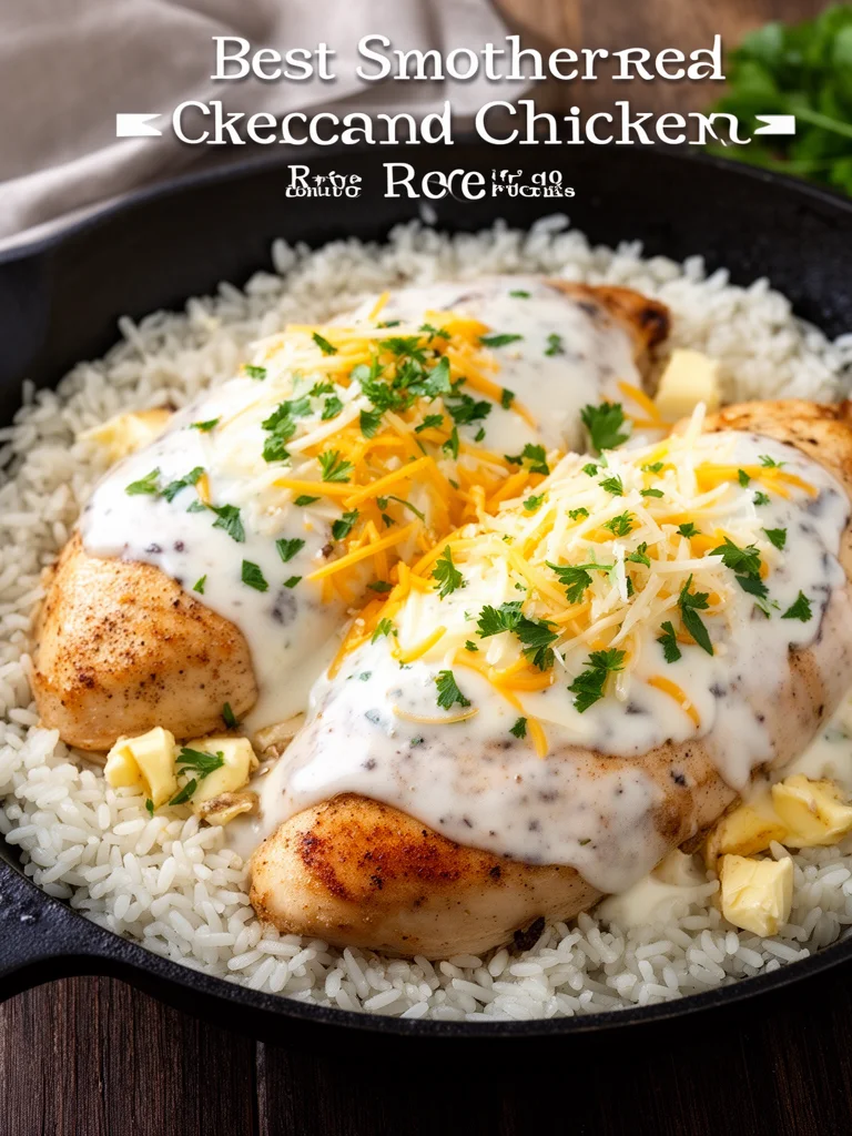 Delicious smothered chicken served over rice on a plate