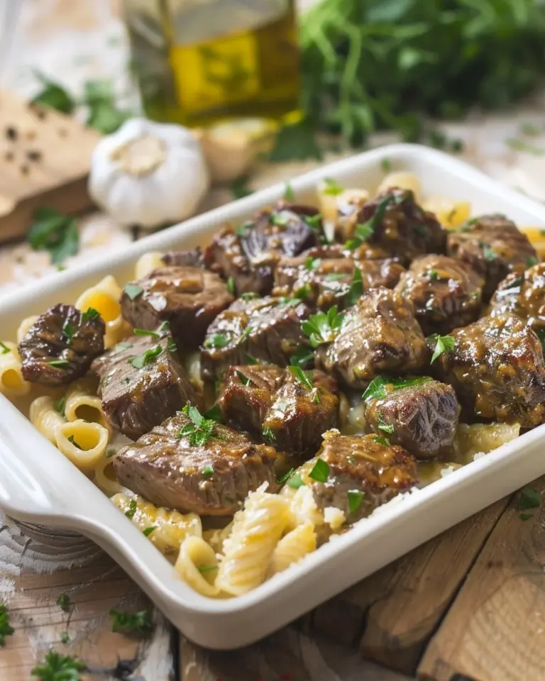 Plate of Cajun Steak Bites with Cheesy Garlic Pasta garnished with herbs
