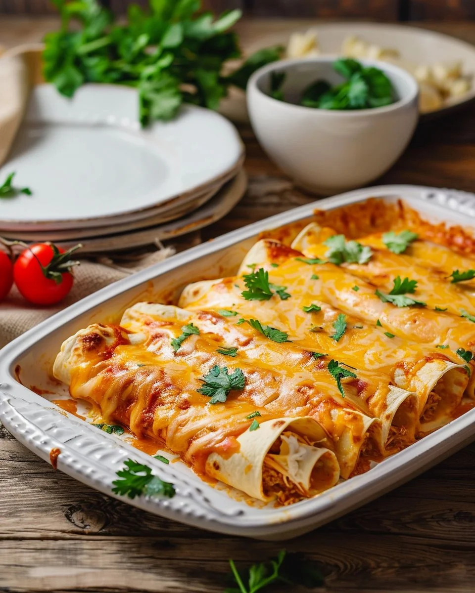 Delicious cheese chicken enchiladas bake topped with melted cheese and fresh herbs.