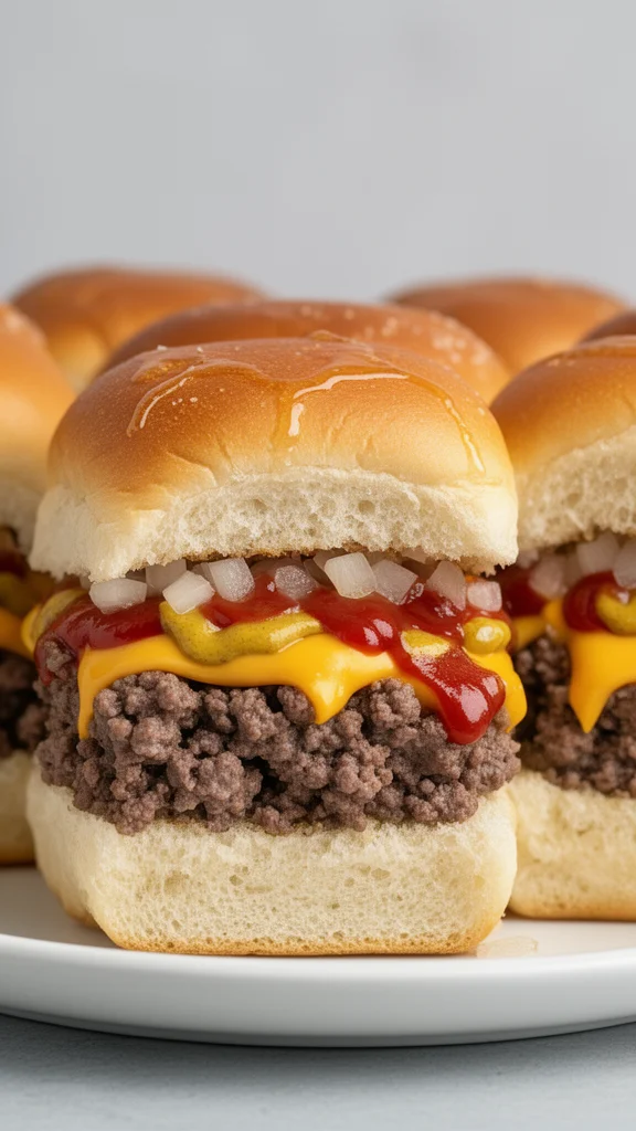 Homemade cheeseburger sliders on a plate with toppings