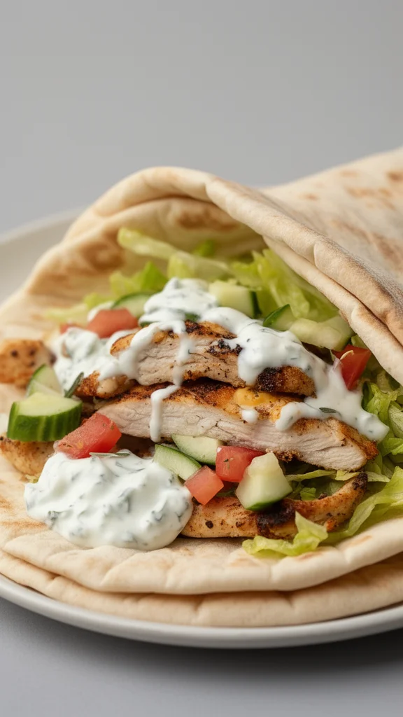 Delicious Chicken Gyros served with fresh vegetables and zesty sauce