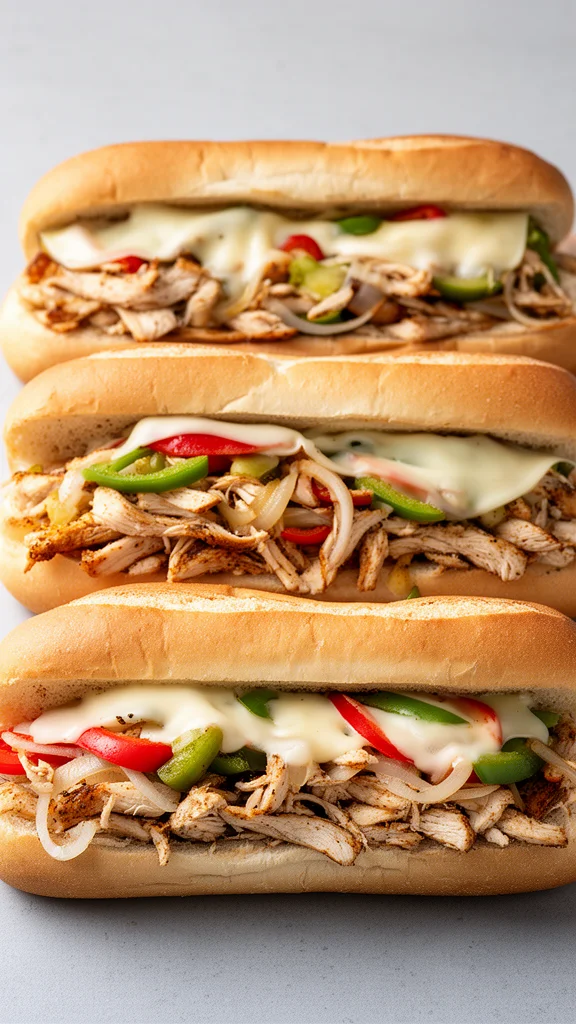 Delicious Chicken Philly Cheese Steaks topped with melted cheese and peppers