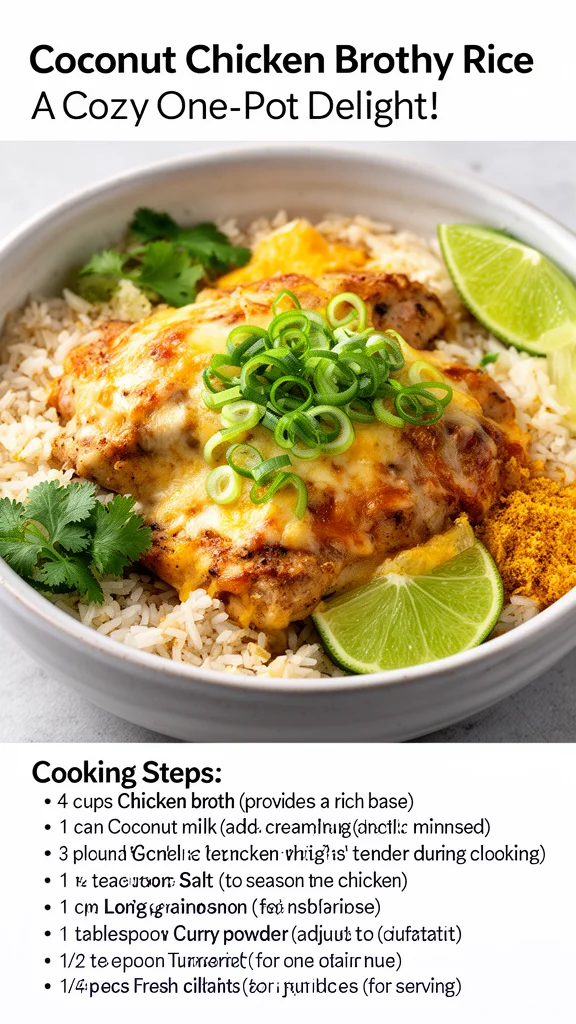 A delicious bowl of Coconut Chicken Brothy Rice, garnished with herbs.