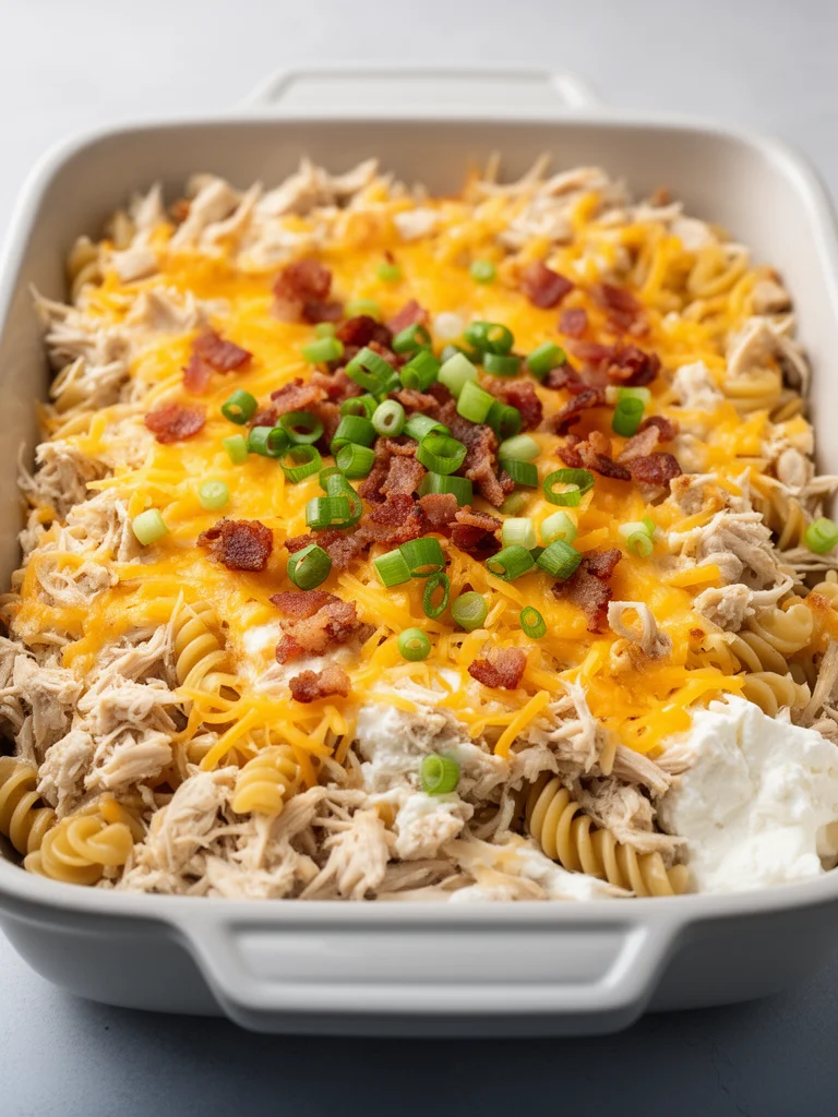 Delicious and creamy Crack Chicken Casserole topped with cheese and herbs.