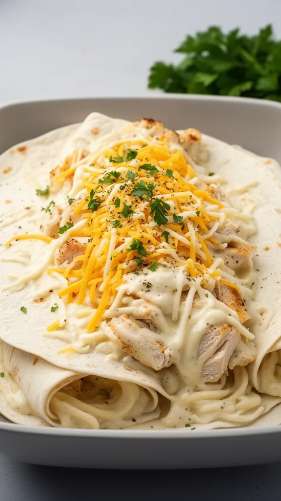 Creamy Cheesy Chicken Alfredo Wraps with fresh ingredients and flavorful sauce