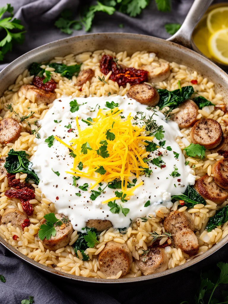 Creamy chicken sausage orzo served in a one-pan dish
