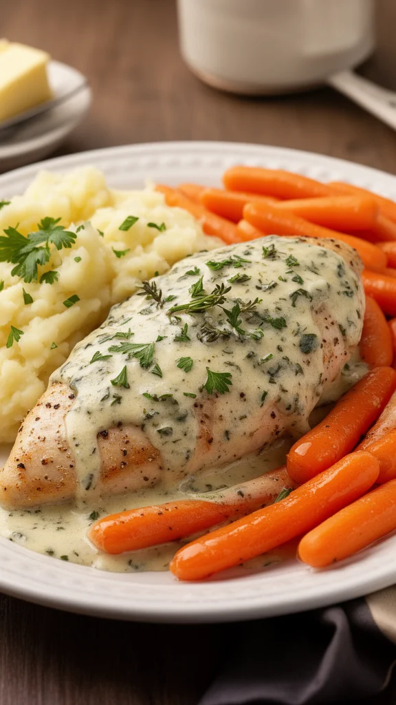 Plate of creamy herb chicken with mashed potatoes and glazed carrots