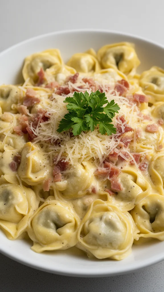 Creamy tortellini carbonara dish with garnishes served on a white plate.