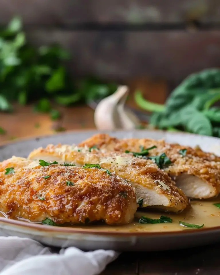Crispy Parmesan Chicken with rich garlic sauce served on a plate