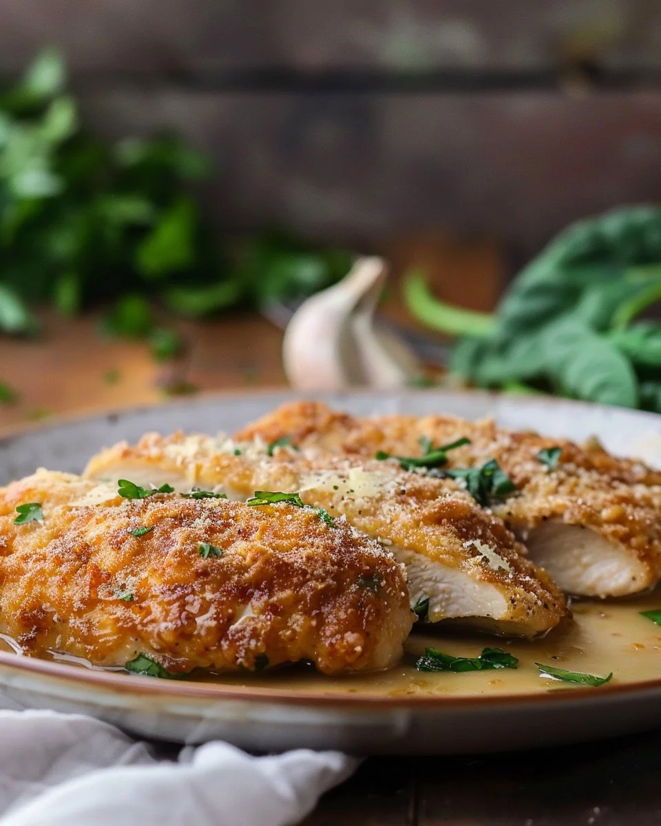 Crispy Parmesan Chicken with a Rich Garlic Sauce - Easy Dinner Idea