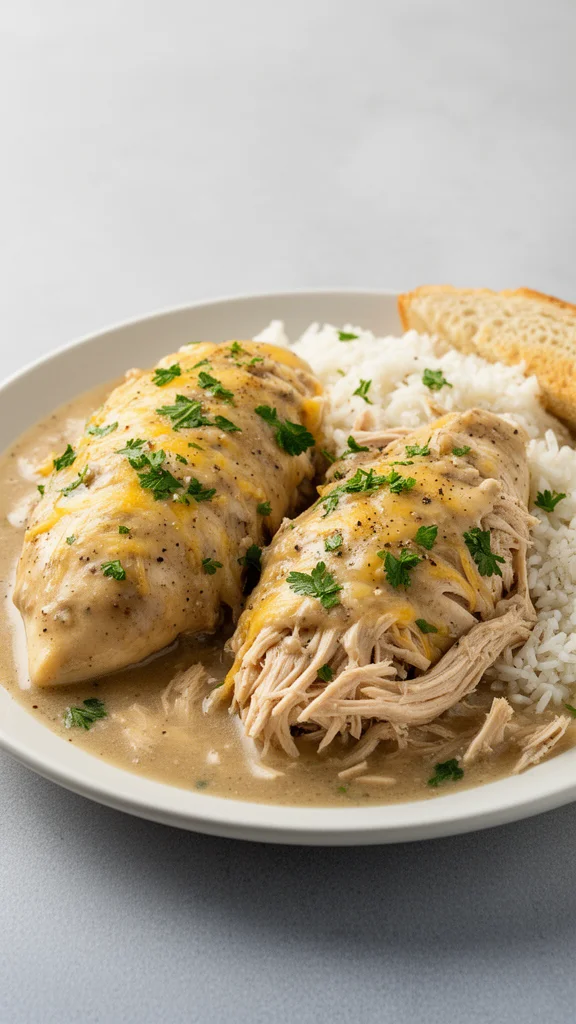 Crockpot Chicken and Gravy served in a bowl with vegetables on the side