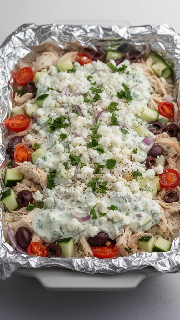 Delicious Dump-and-Bake Chicken Tzatziki Casserole ready to serve