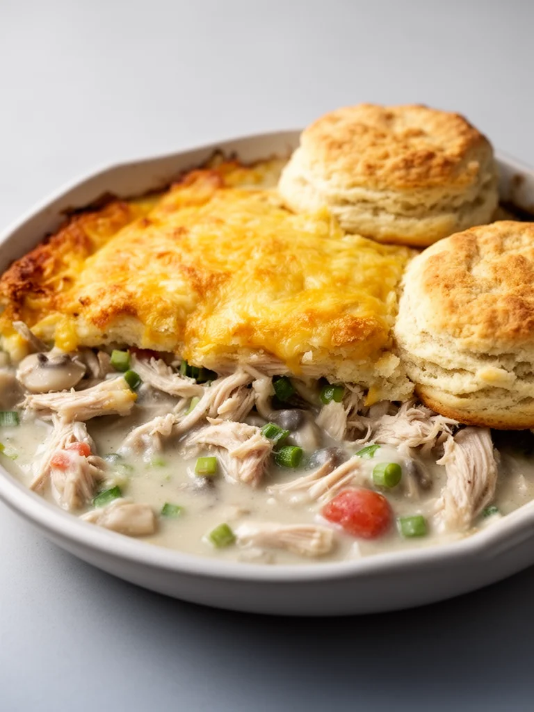 Homemade chicken pot pie with biscuits on a rustic table