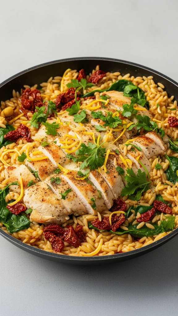 A delicious plate of Mediterranean Chicken Orzo garnished with fresh herbs