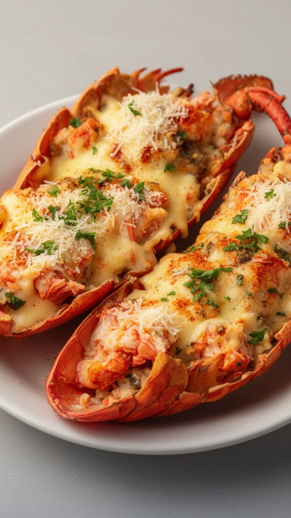 Delicious Lobster Thermidor dish garnished, showcasing French culinary excellence.