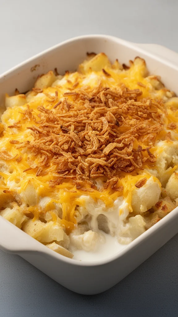 French Onion Funeral Potatoes topped with crispy onions and cheese