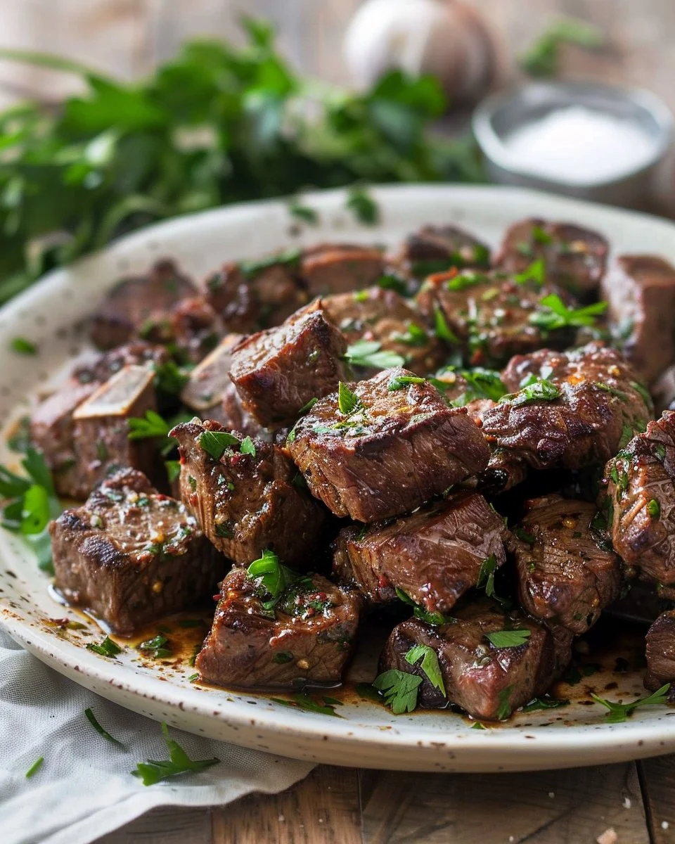 Delicious Garlic Butter Steak Bites served on a plate.