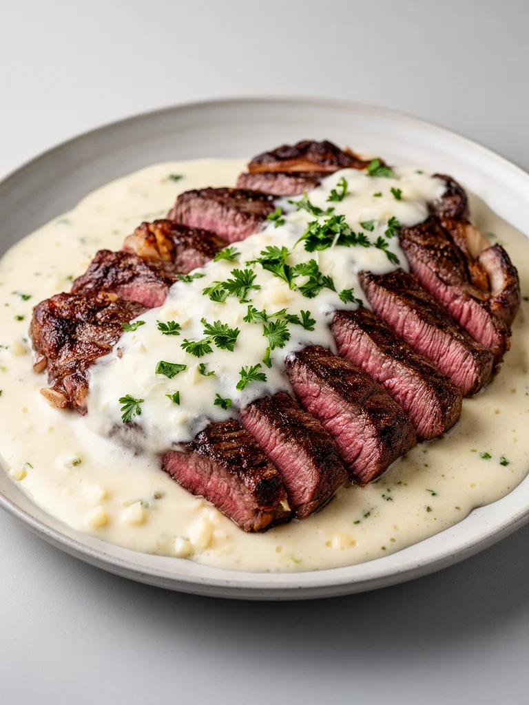 Succulent Garlic Butter Steak topped with creamy Parmesan sauce
