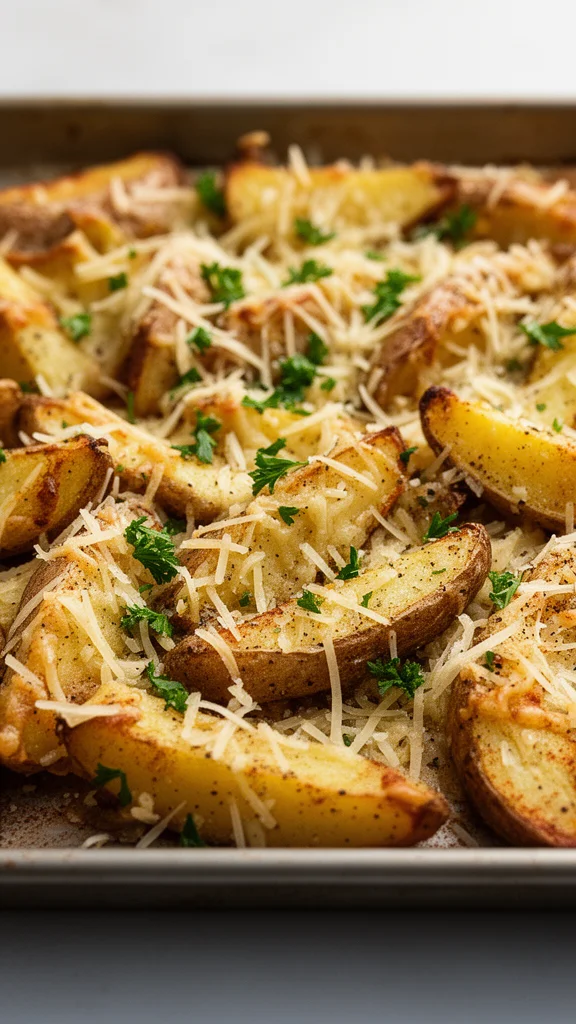 Crispy Garlic Parmesan Potato Wedges served in a bowl