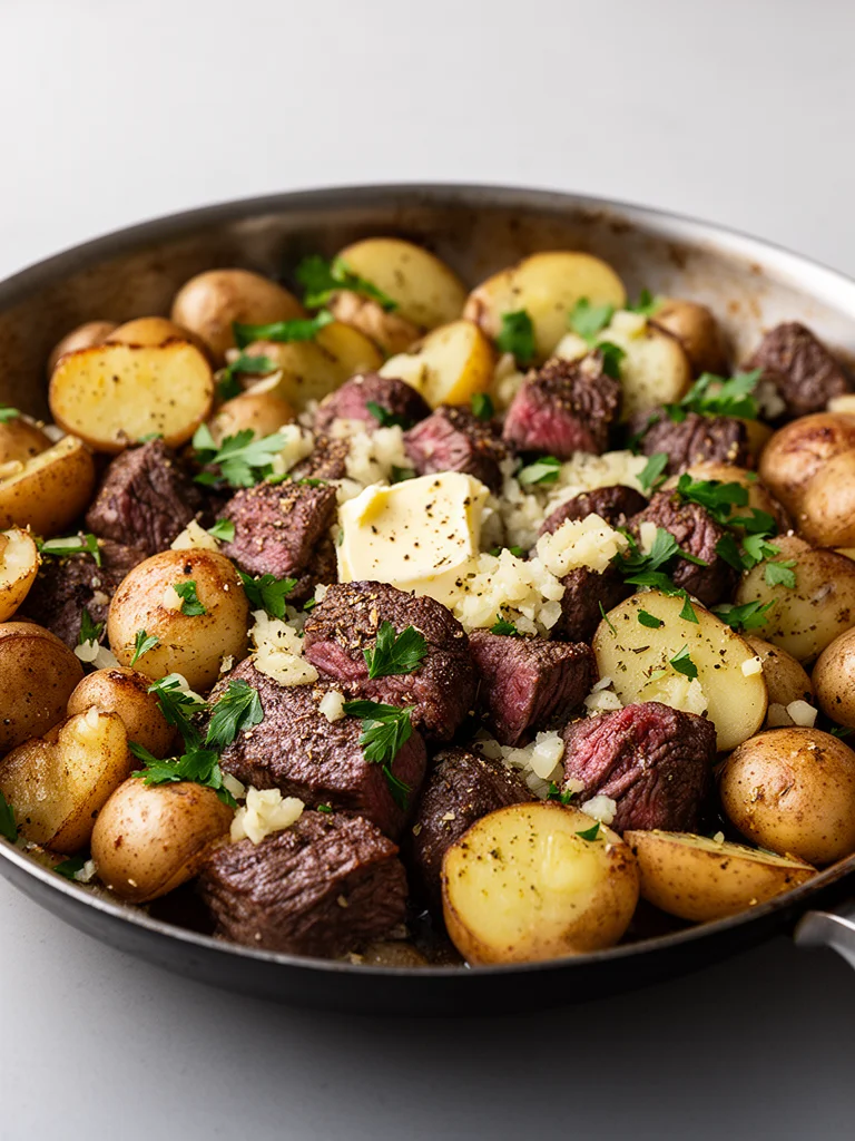 Garlic Steak Bites served with seasoned potatoes on a plate.