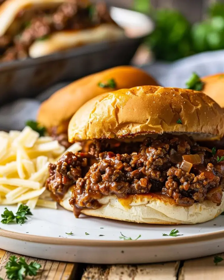 Delicious French Onion Beef Sloppy Joes served on a plate with melted cheese.