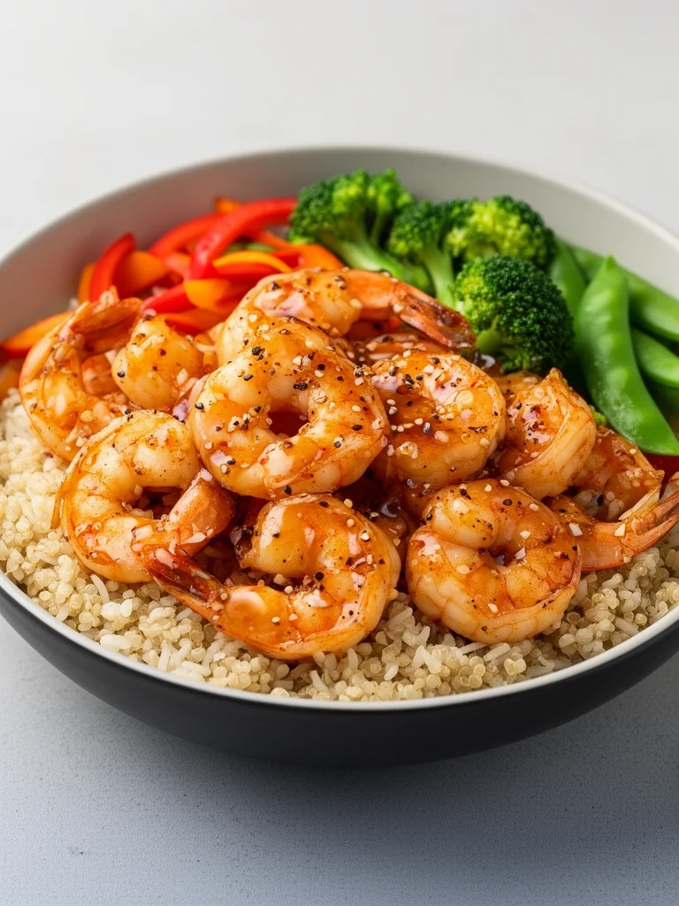 Delicious honey garlic shrimp bowl garnished with vegetables and served in a bowl
