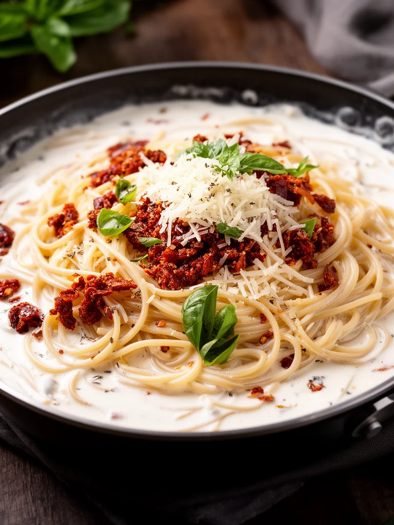Plate of Marry Me Pasta garnished with fresh herbs and cheese