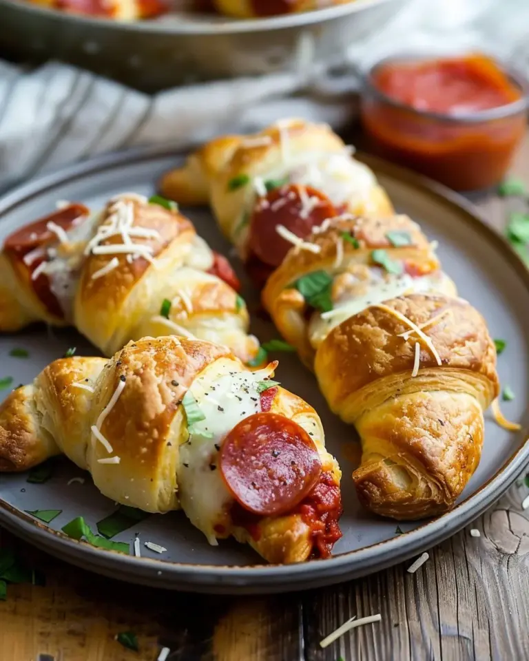 Golden mozzarella pepperoni croissant rolls freshly baked and served