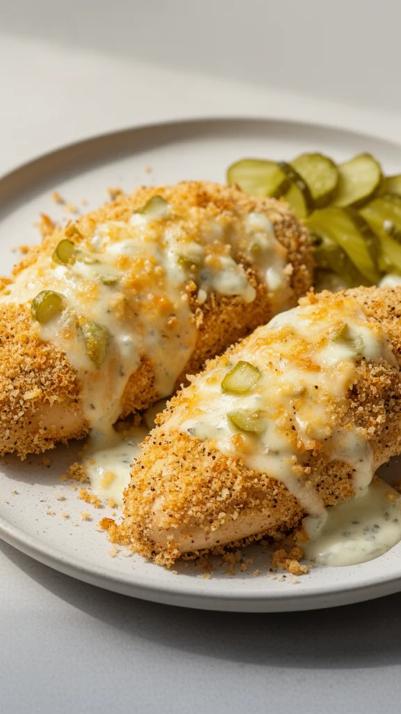 Deliciously baked Parmesan Chicken garnished with herbs